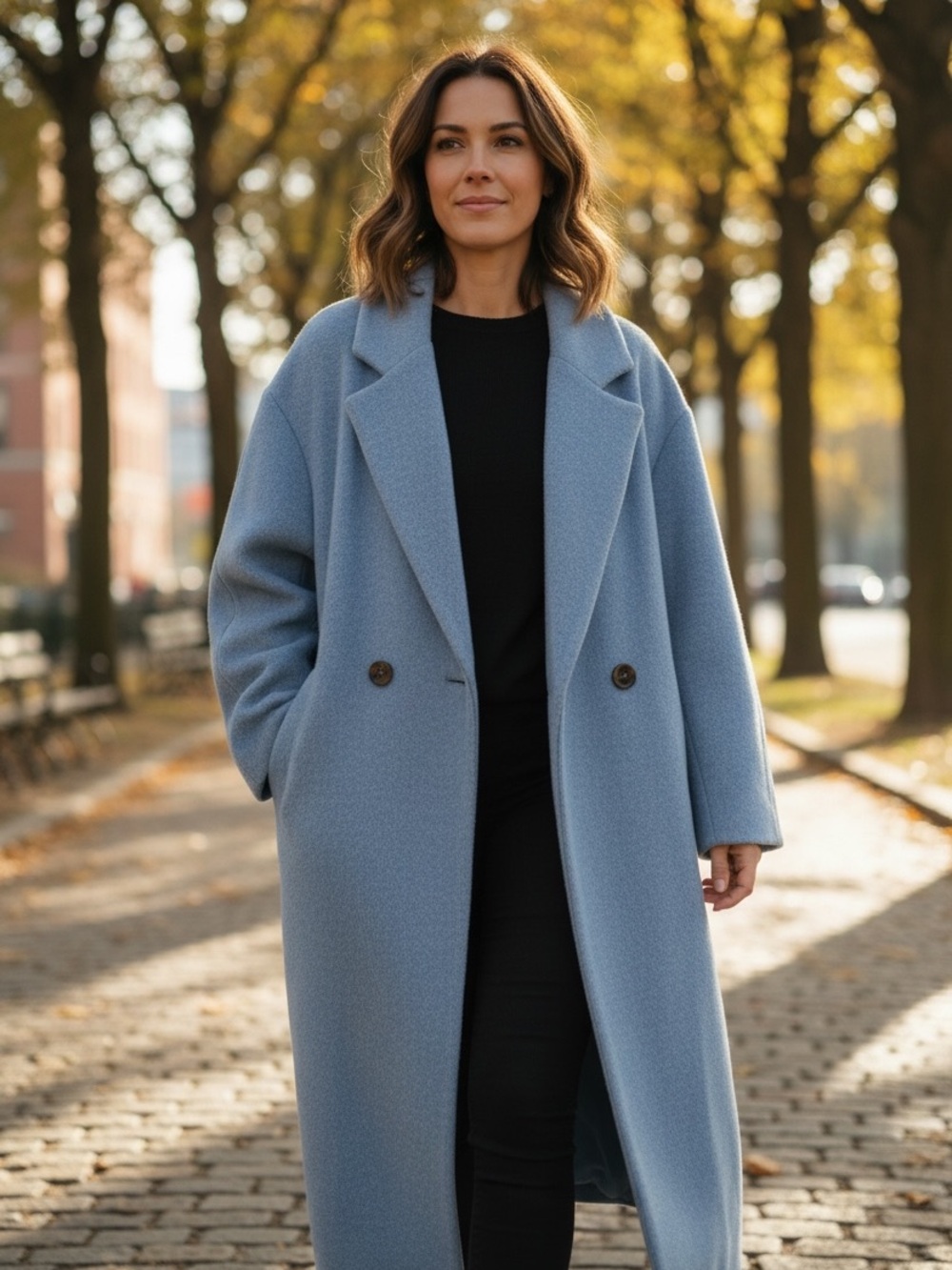 Long Oversized Wool-Blend Coat in Dusty Blue Size M